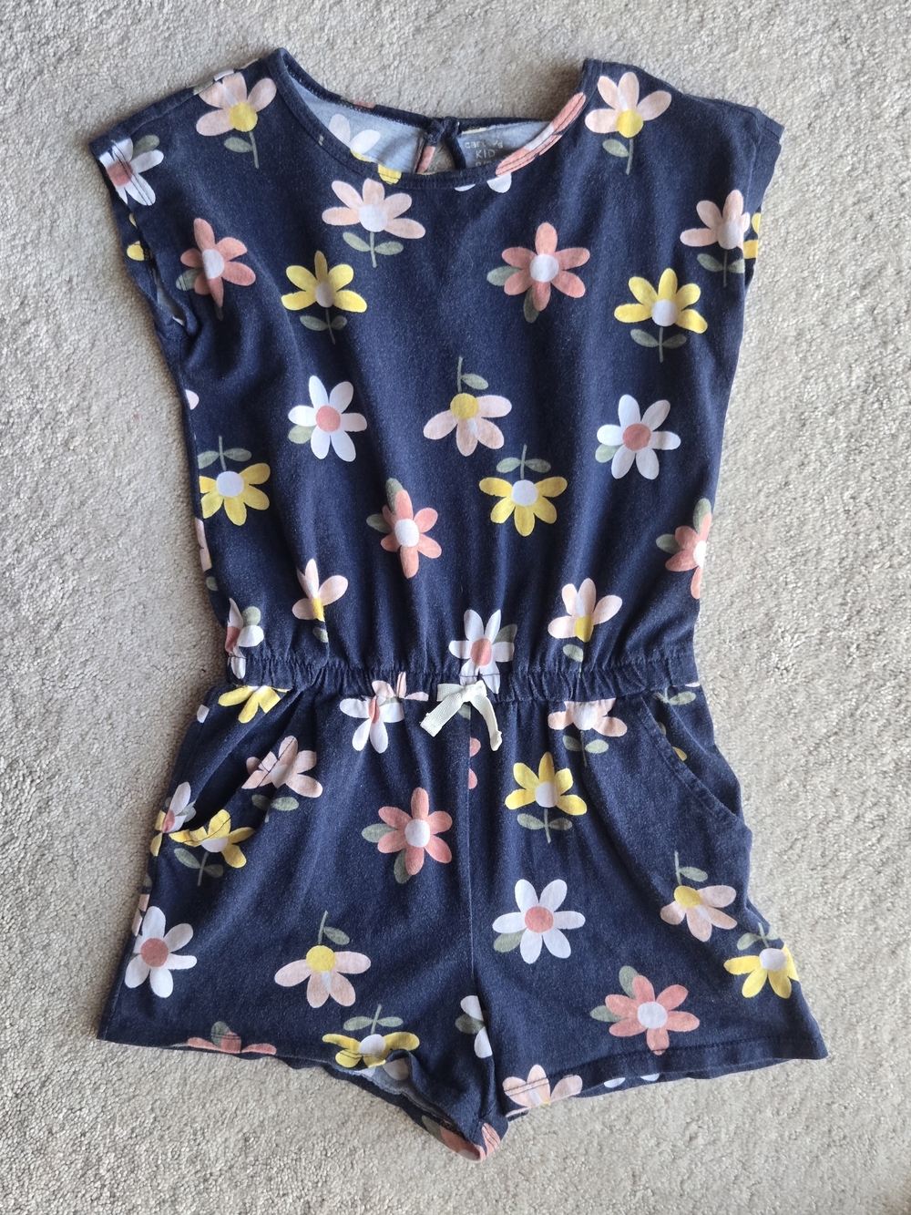 Carter's Navy Floral Knit Romper with Elastic Waist